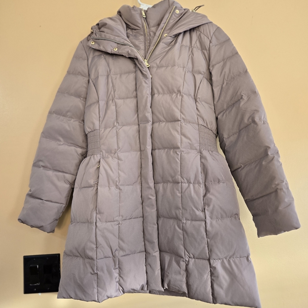 Cole Haan Women's Signature Hodded Down & Feather Jacket Puffer Double Zip Large